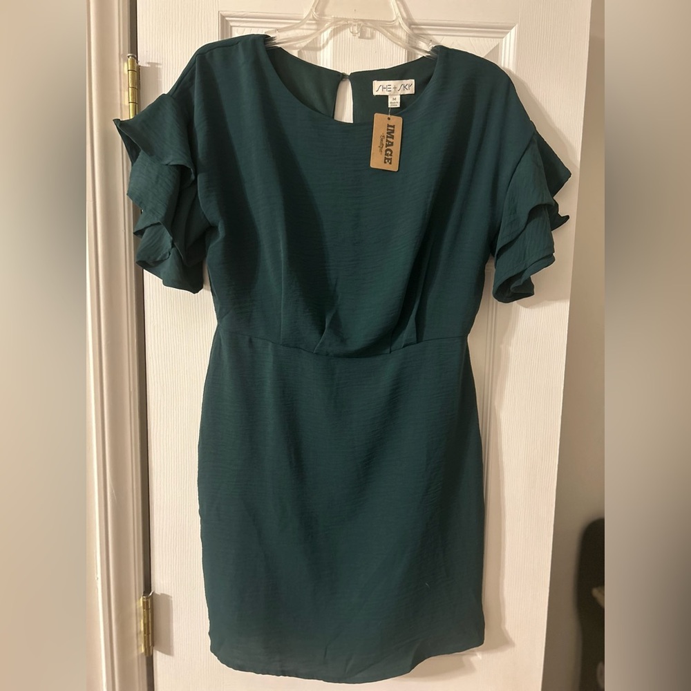 She + Sky Teal Mini Dress with Ruffle Sleeves